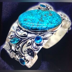 Turquoise Blue Topaz Stamped 925 Sterling Silver Cuff Bracelet